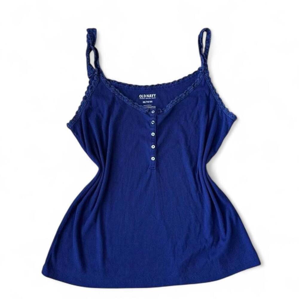 Y2K Old Navy Dark Blue Henley Tank Top w/ Crochet Lace Trim Size XXL